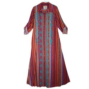 Savanna Jane Womens M Multicolor Striped Embroidered Boho Maxi Shirt Dress FLAW